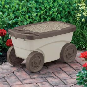 Outdoor Rolling Garden Scooter with Wheels & Pull Strap, Light Taupe