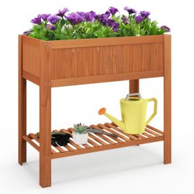 Outdoor Raised Garden Bed Fir Wood Planter Box with Bottom Storage Shelf and Protective Liner