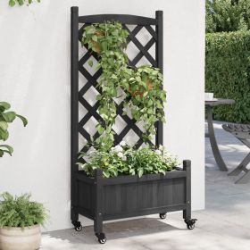 Planter with Trellis and Wheels Black Solid Wood Fir