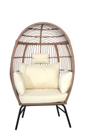 Outdoor Garden Wicker Egg Chair And Footstool Patio Chaise, With Cushions, Outdoor Indoor Basket Chair (Color: Beige+Brown)